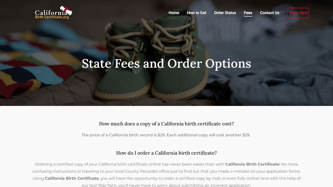 State Fees and Order Options - California Birth Certificate